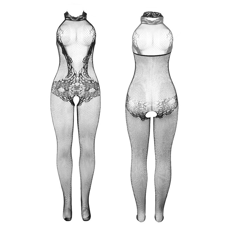 Subblime — Bodystocking crotchless de rejilla y encaje con cuello alto negro talla única