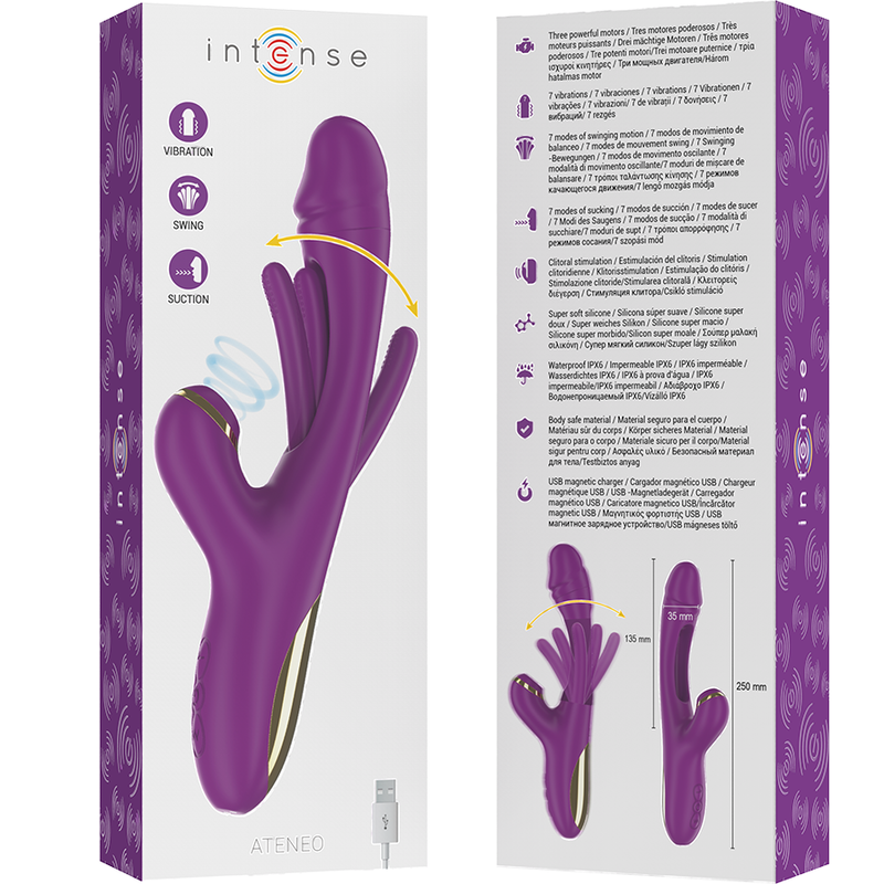 INTENSE - Ateneo vibrador multifunción recargable 7 vibraciones con lengua oscilante y succionador morado
