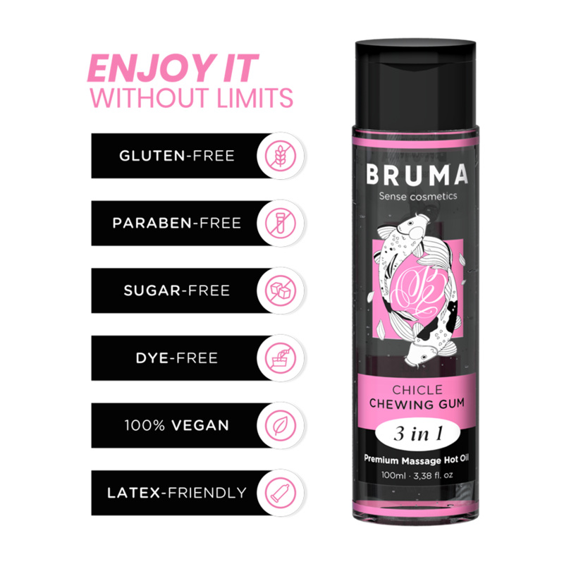 BRUMA - Aceite de masaje premium efecto calor sabor chicle 3 en 1 - 100 ml
