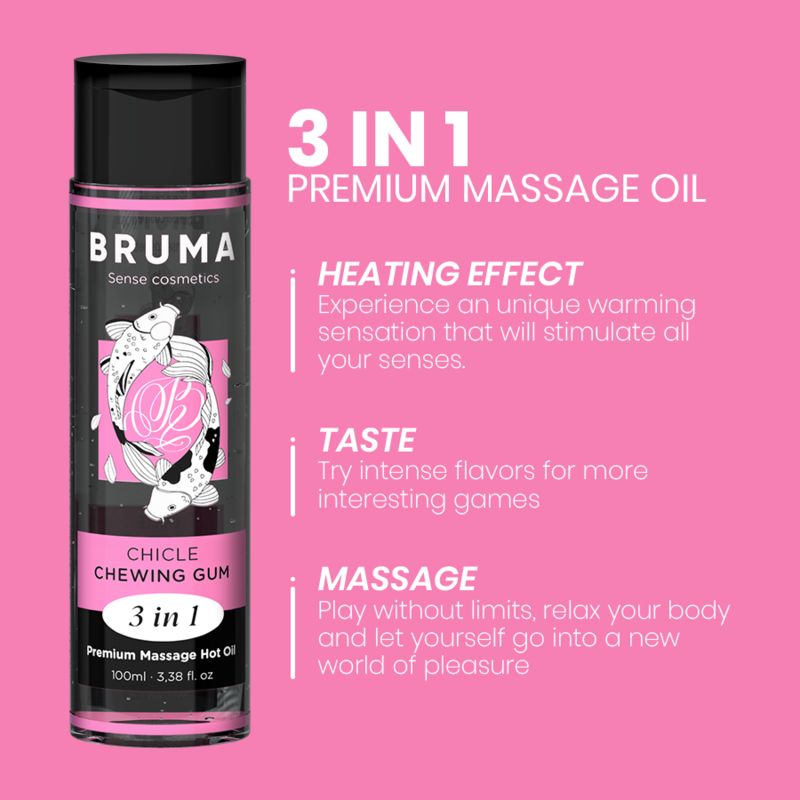 BRUMA - Aceite de masaje premium efecto calor sabor chicle 3 en 1 - 100 ml