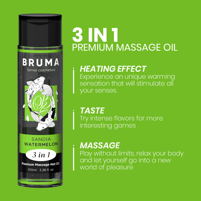 BRUMA - Aceite de masaje premium efecto calor sabor sandía 3 en 1 - 100 ml