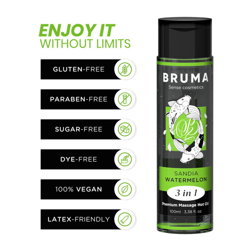 BRUMA - Aceite de masaje premium efecto calor sabor sandía 3 en 1 - 100 ml