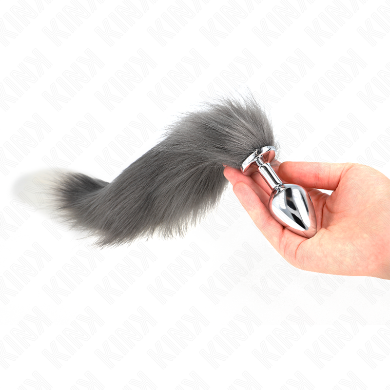 KINK - PLUG ANAL TALLA M 8 X 3.5 CM CON COLA PLATEADO Y BLANCO