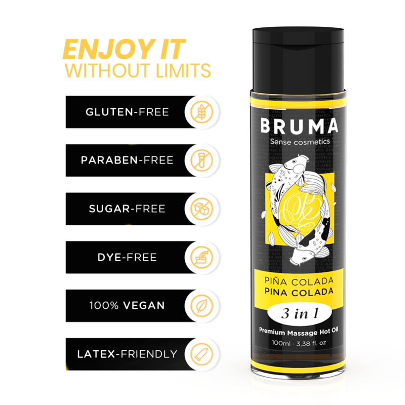 BRUMA - Aceite de masaje premium efecto calor sabor Piña Colada 3 en 1 - 100 ml