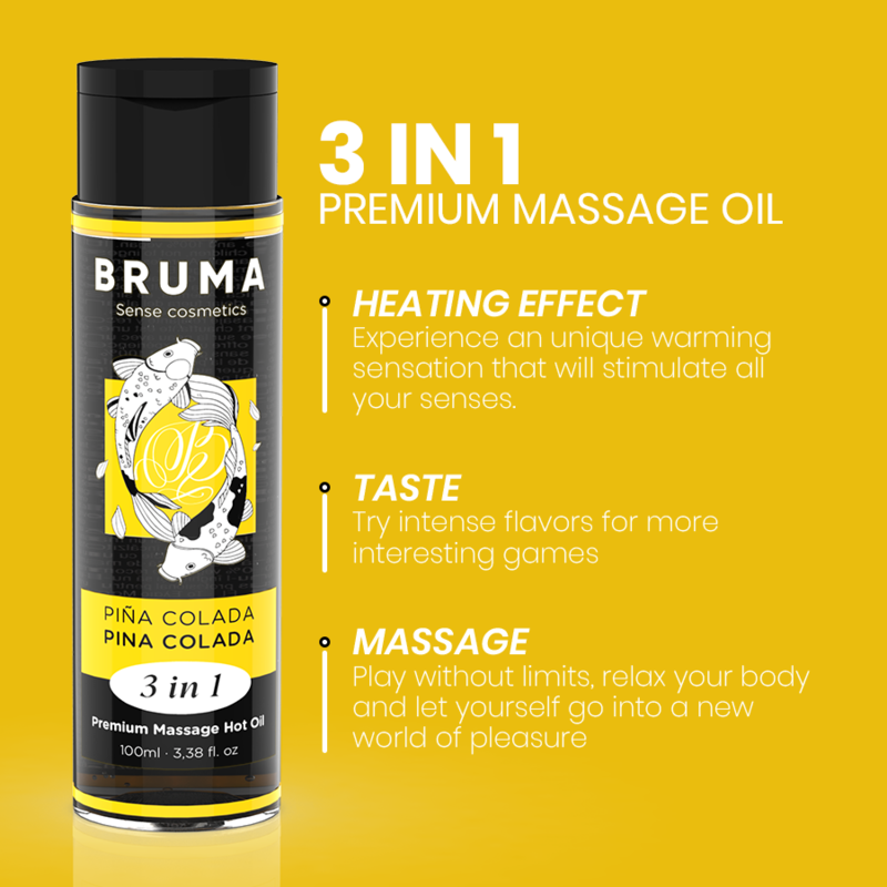 BRUMA - Aceite de masaje premium efecto calor sabor Piña Colada 3 en 1 - 100 ml