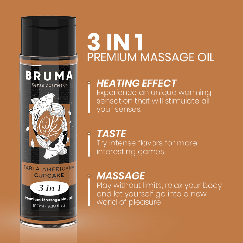 BRUMA - Aceite de masaje premium efecto calor sabor tarta americana 3 en 1 - 100 ml