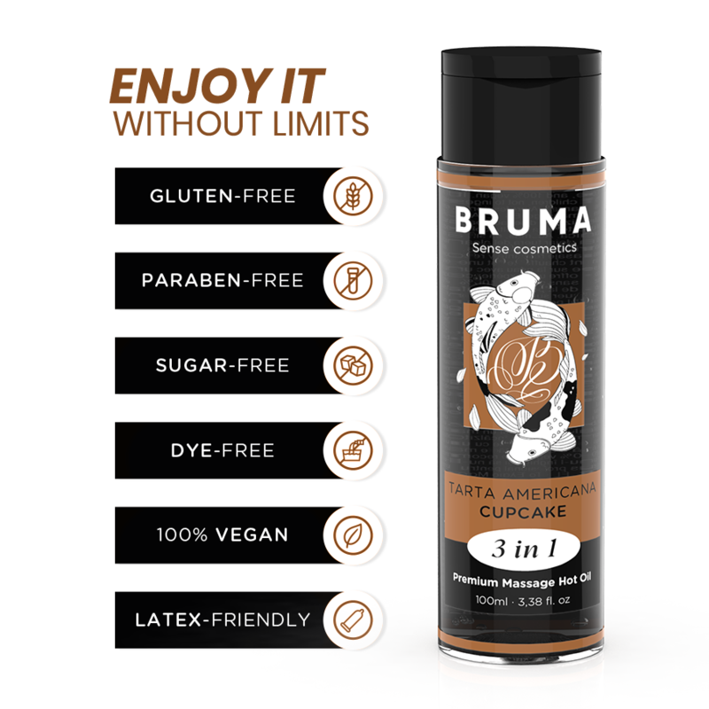 BRUMA - Aceite de masaje premium efecto calor sabor tarta americana 3 en 1 - 100 ml