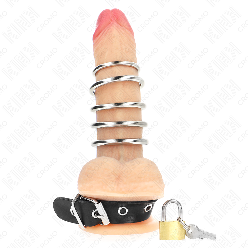 KINK — Anillo masculino de cuero con correa y cerradura + 5 anillos de metal