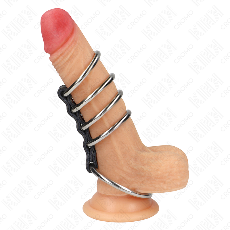 KINK — Set de 5 anillos masculino de metal conectados por cuero